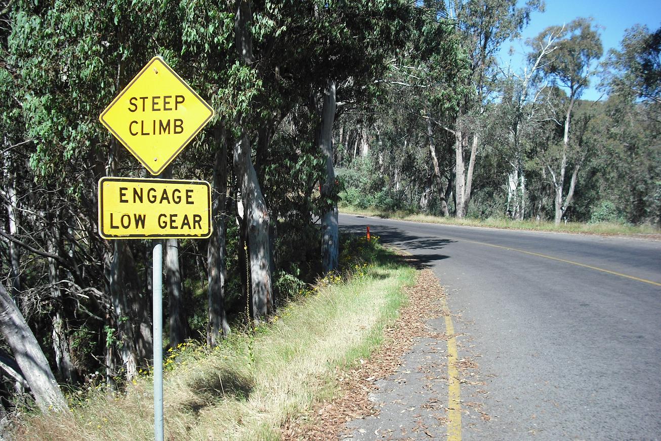 'Steep climb - engage low gear'