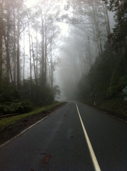 Riding through the fog on the second ascent.
