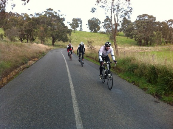 Heading to Strathewen with Fletch at the front, Evan behind him and Dougie at the back.
