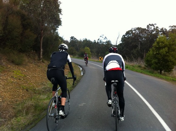 Dougie rides of the front with Evan (left) and Fletch in pursuit.