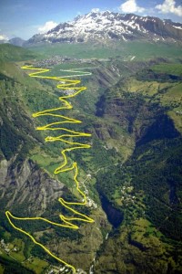 The famous hairpins of the Alpe d'Huez climb.