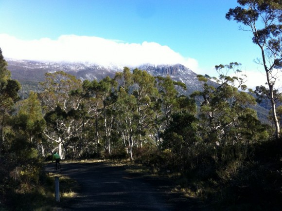 Descending Chimney Pot with a snow-capped Mt. Wellington in the background.