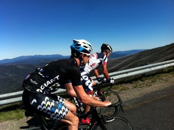 One of my coolest moments on the bike: summiting Mt. Hotham with Hendo and Pete.