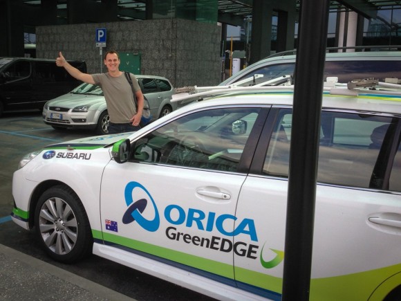 Getting picked up from the airport in an Orica-GreenEDGE car was pretty awesome.