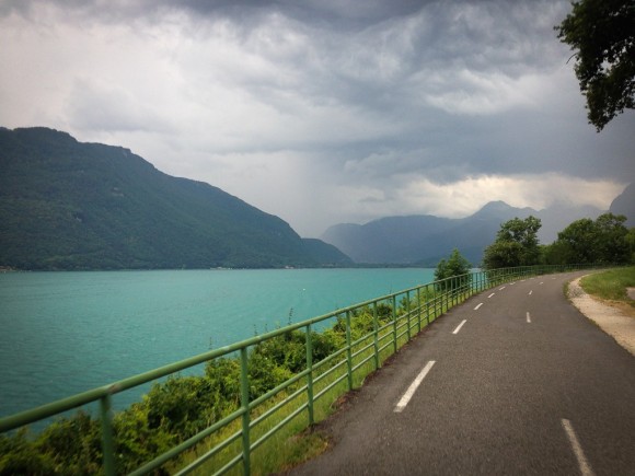 Heading along the western shore of Lake Annecy, straight into a storm.