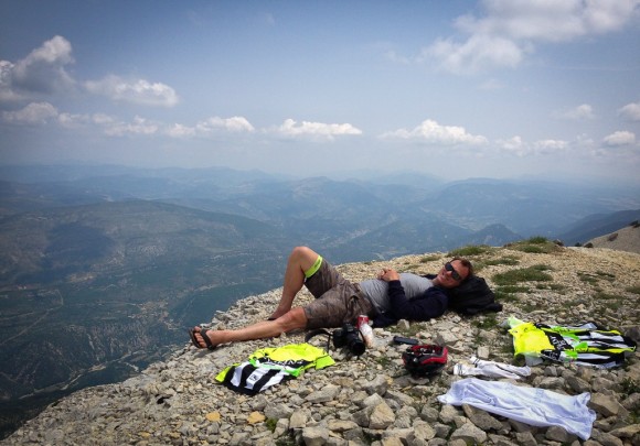 Wade has a bit of a lie down (and later, a sleep) about 800m from the summit of Mont Ventoux. 