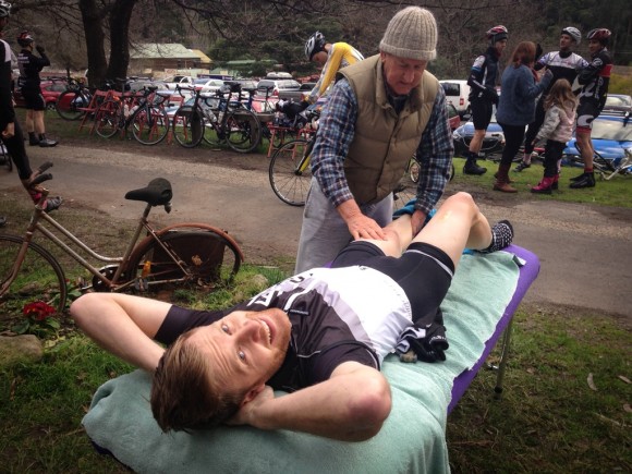 Andy gets a pre-ride rub down from masseuse Don Wood.