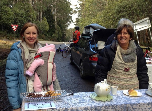 Tam, Judy and baby Mila van Bergen at the "high-altitude high tea".