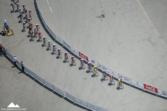Looking down on a strung-out peloton from the Hilton Hotel on the final stage of the Tour d'Azerbaidjan, in Baku.