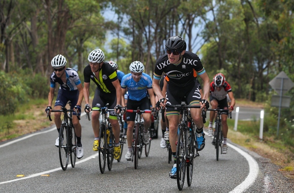 Nick in the lead group on Tawonga Gap. He's wearing the blue Tenax kit just to the left of centre. (Image: JXP Photography)